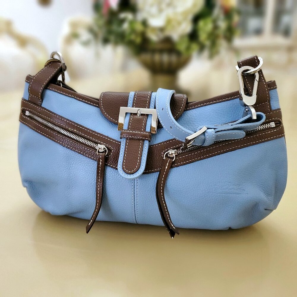Longchamp Light Blue and Brown Leather Shoulder Bag